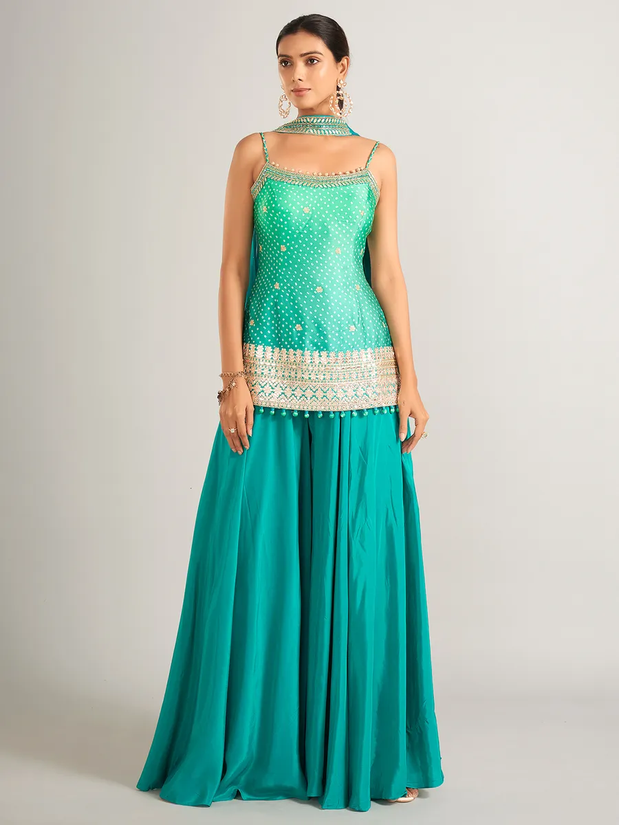 Bandhani print silk rama green palazzo salwar suit