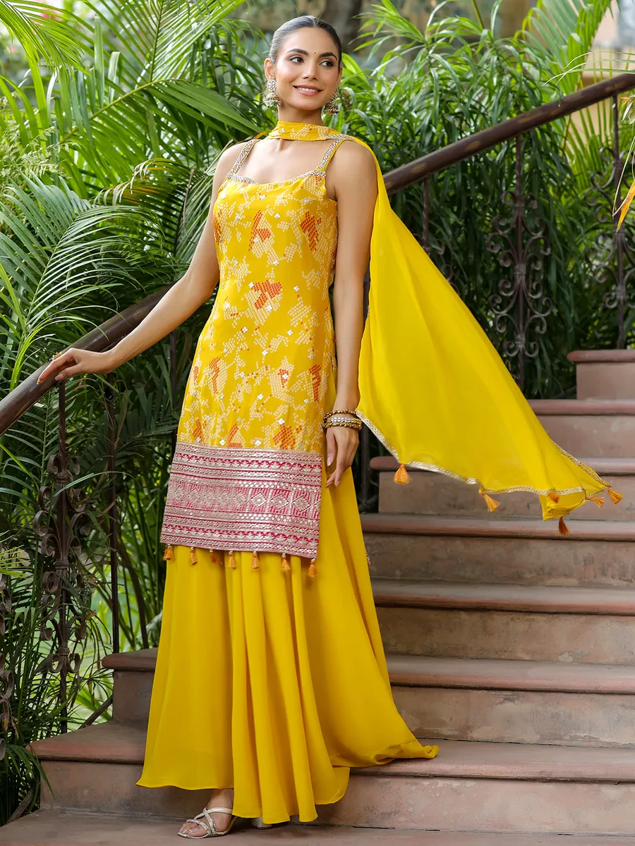 Bandhani printed yellow silk palazzo suit