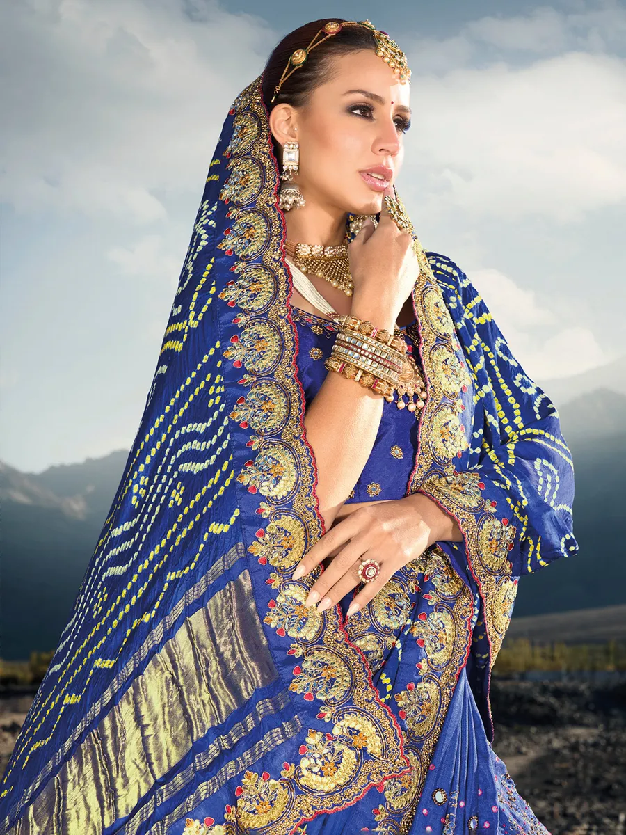 Bandhej printed satin blue saree