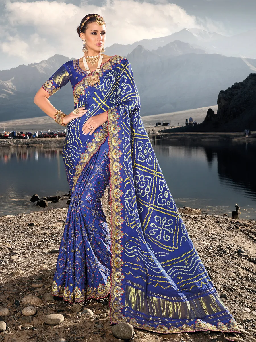 Bandhej printed satin blue saree