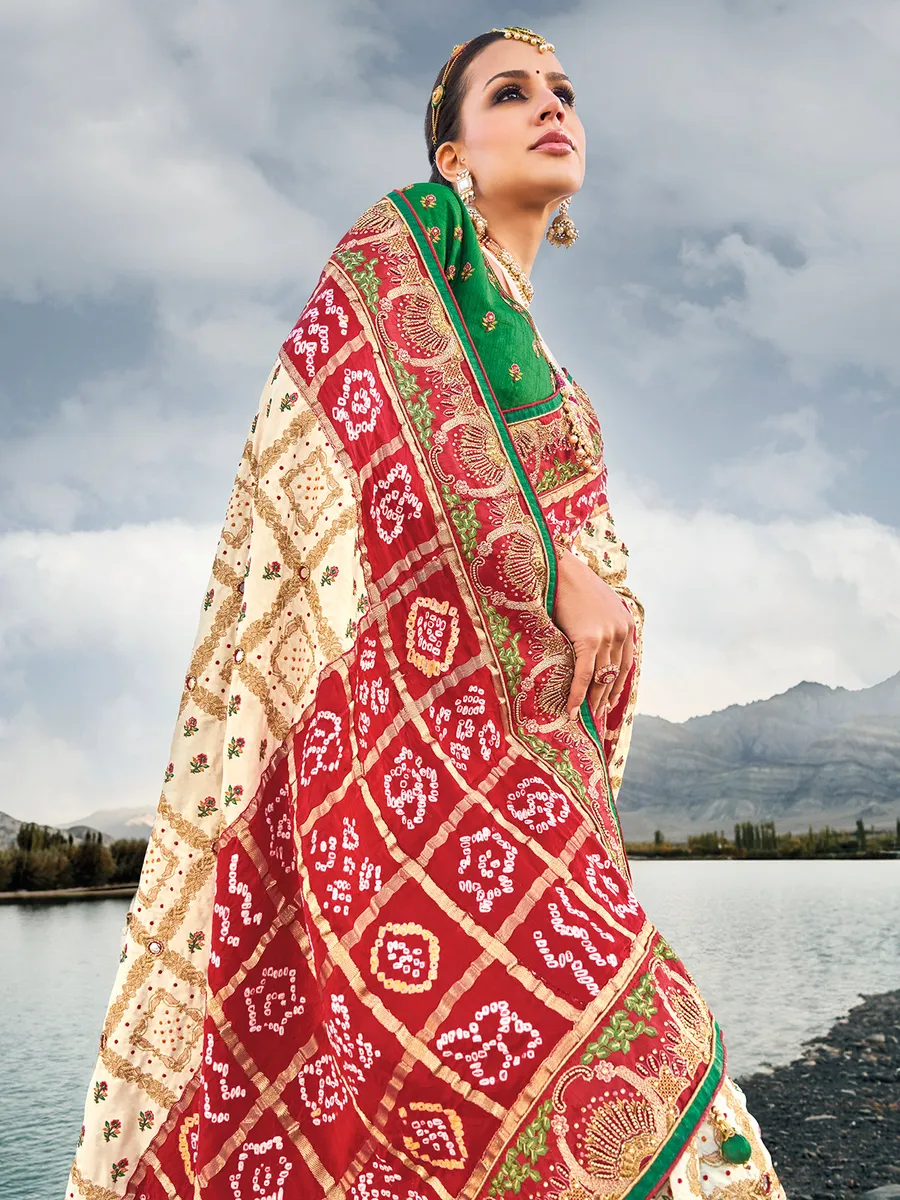 Bandhej printed white satin saree