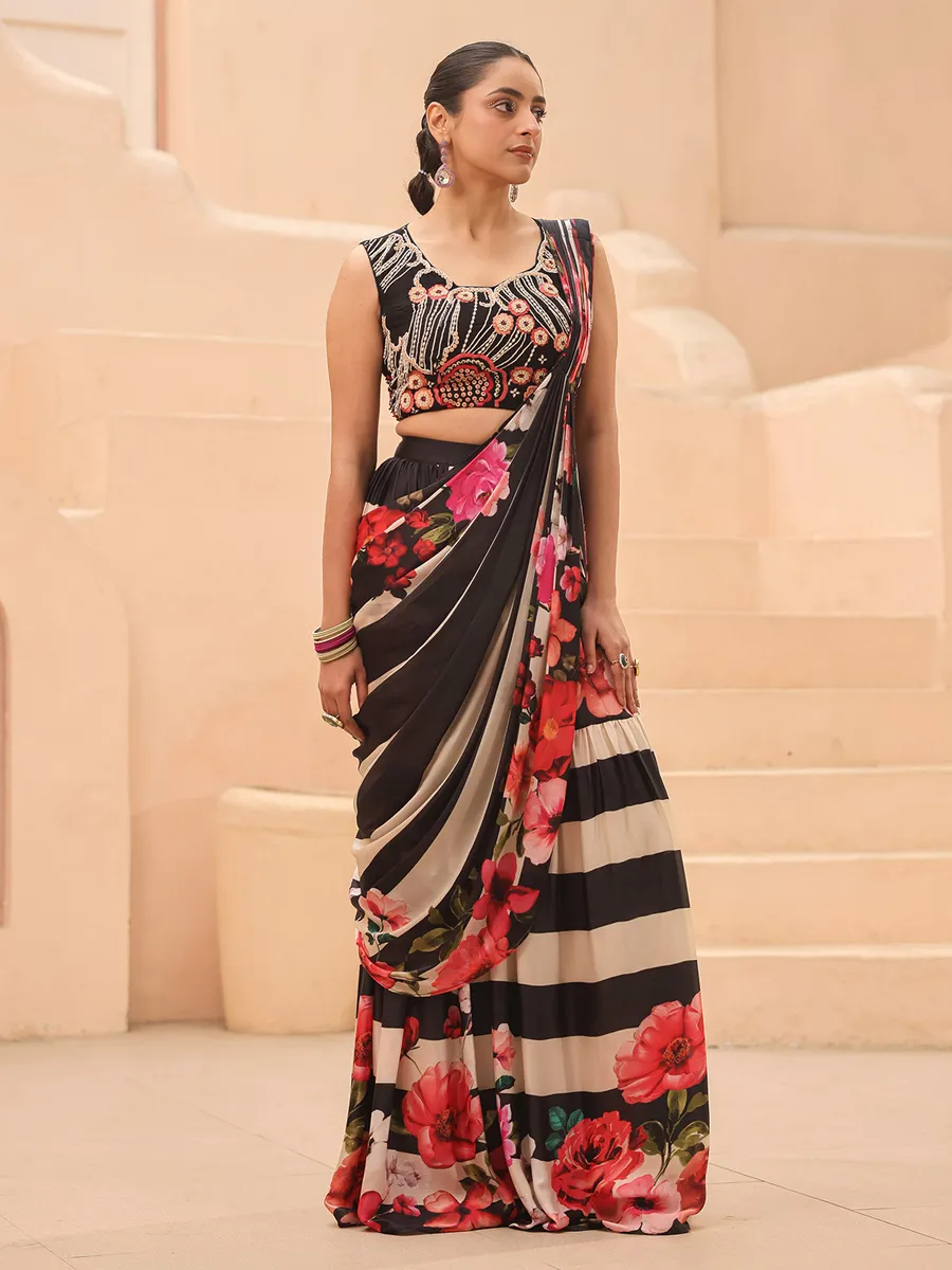 Beautiful black floral printed saree