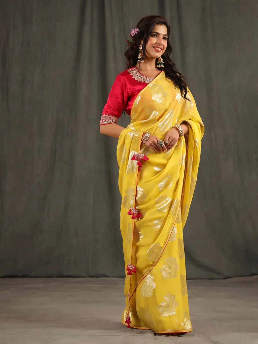 Beautiful bright yellow organza saree