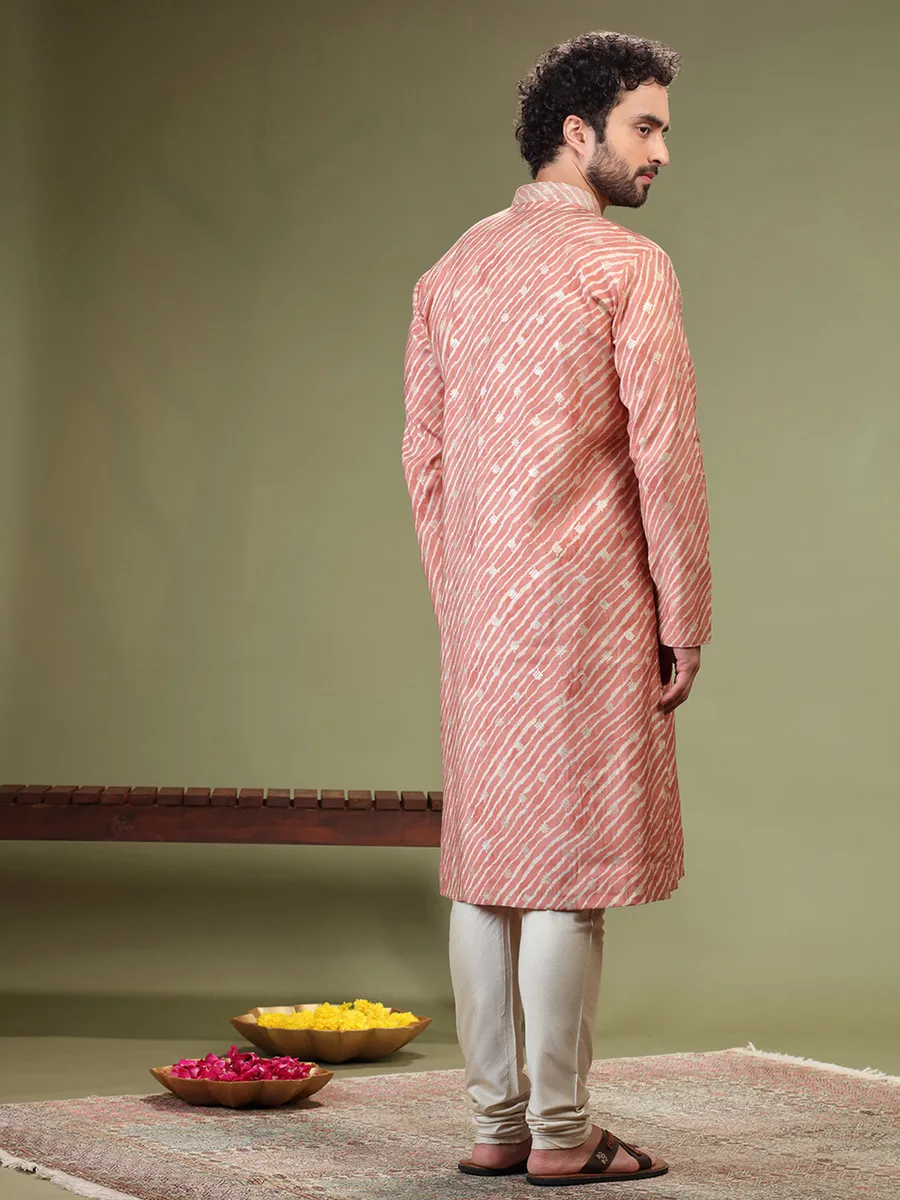 Beautiful coral pink printed cotton silk  Men Kurta pajama