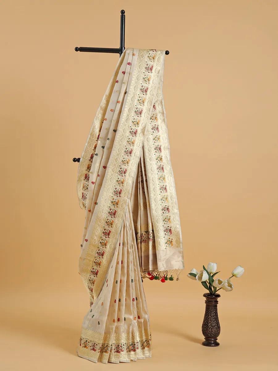 Beautiful cream banarasi silk saree