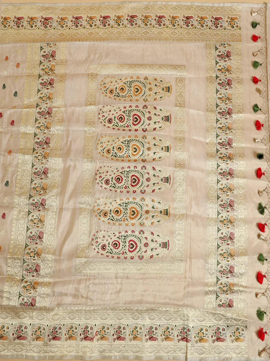 Beautiful cream banarasi silk saree