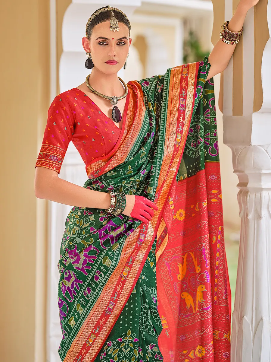 Beautiful dark olive printed silk saree
