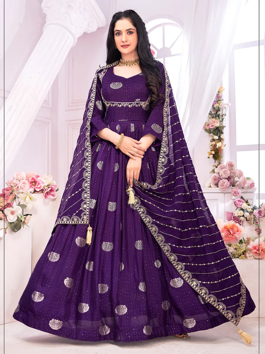 Beautiful dark purple banarasi silk anarkali suit
