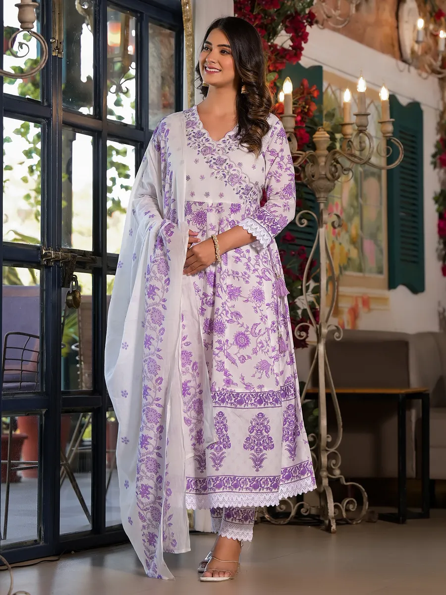 Beautiful floral print white and purple kurti set