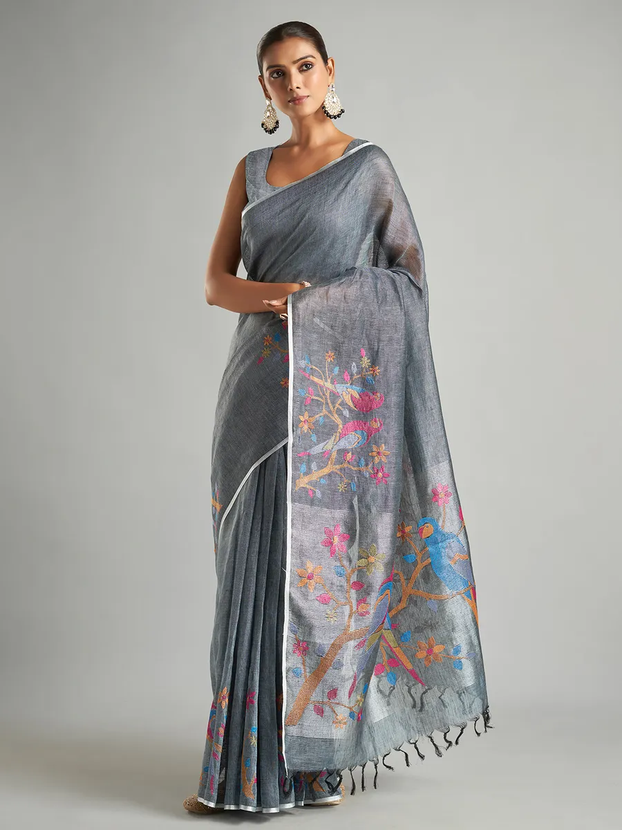 Beautiful grey minakari saree