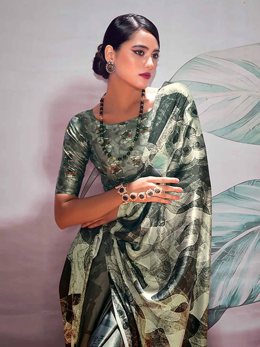 Beautiful grey satin crepe digital printed saree