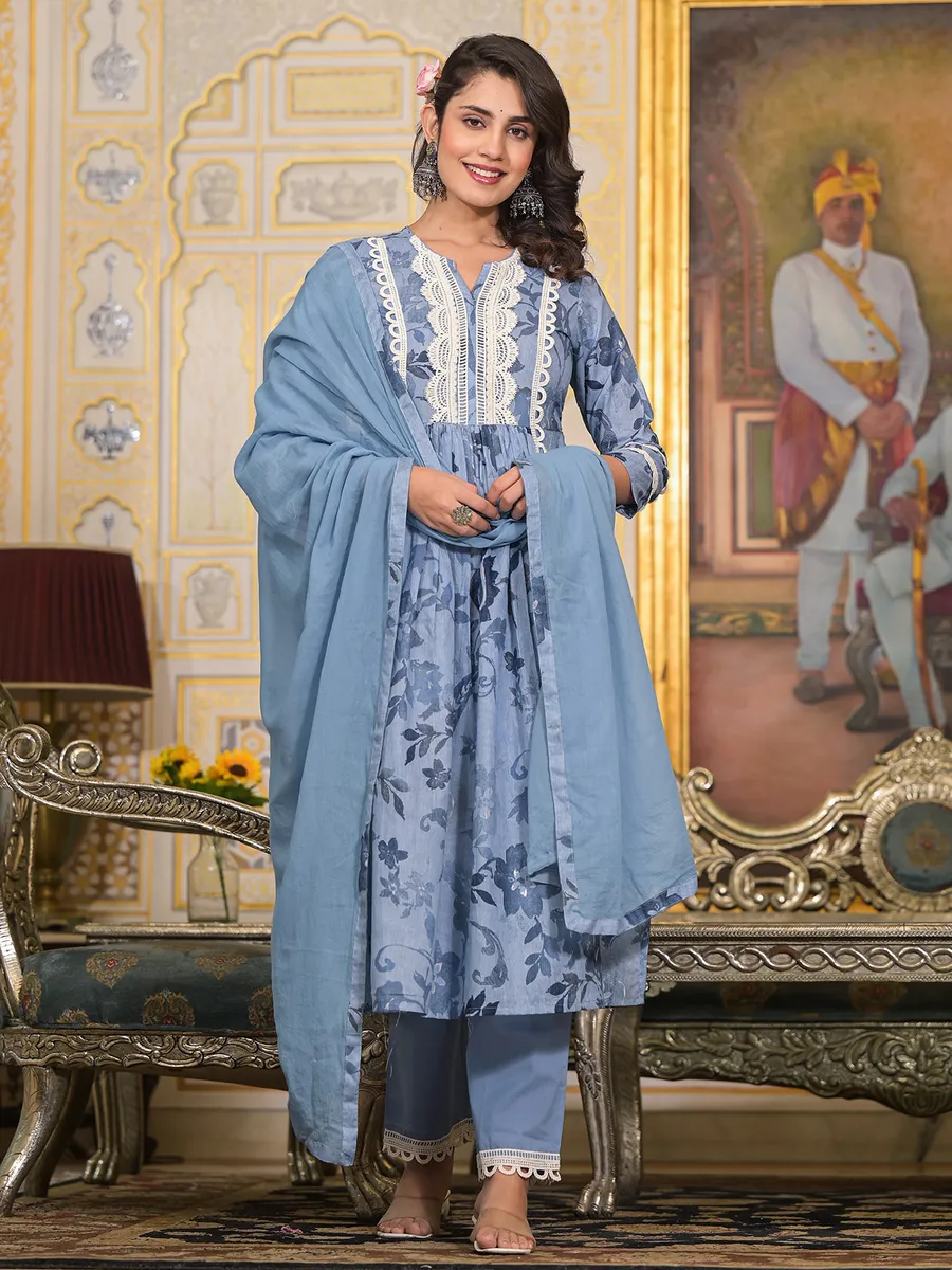 Beautiful light blue cotton printed kurti set