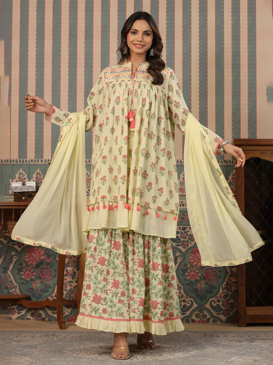 Beautiful light yellow cotton sharara set