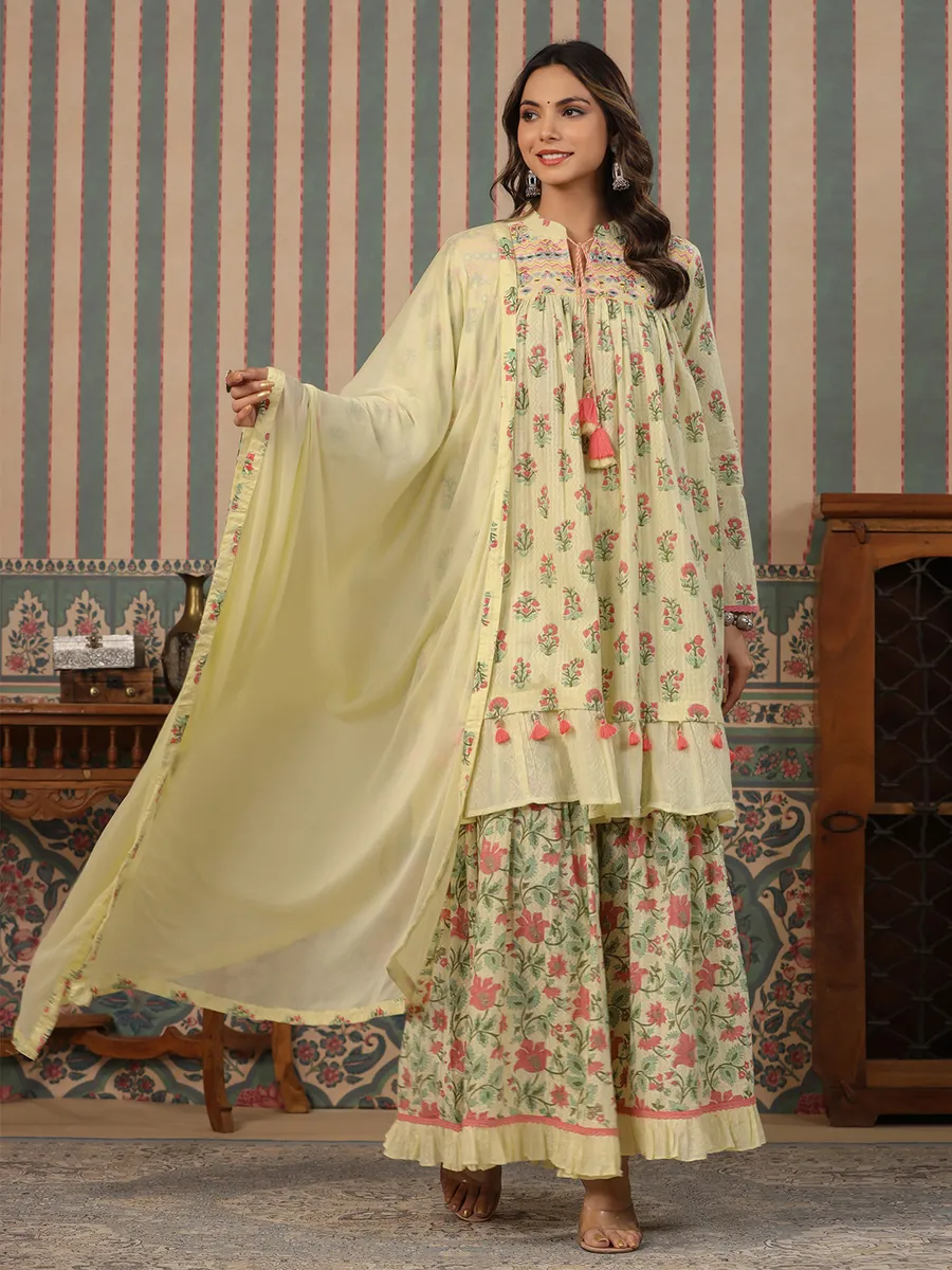 Beautiful light yellow cotton sharara set