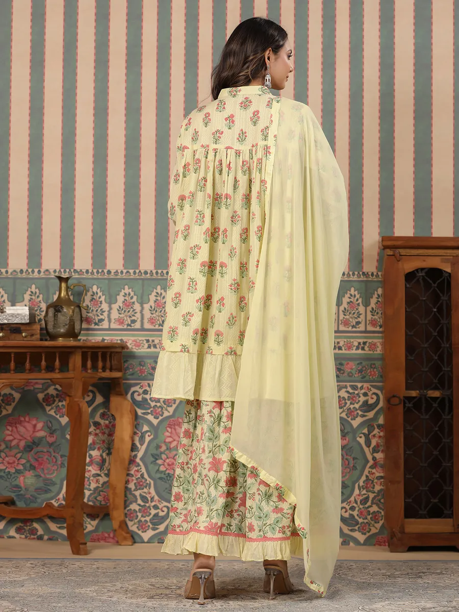 Beautiful light yellow cotton sharara set