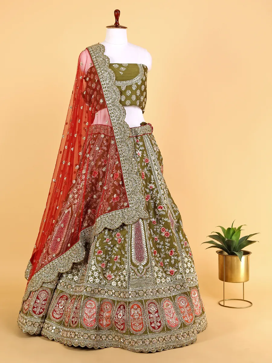 Beautiful olive raw silk unstitched lehenga choli