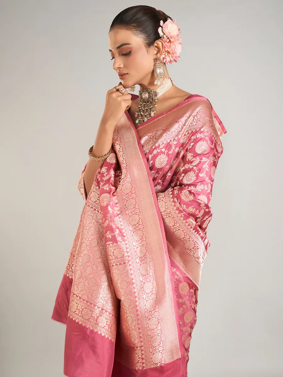 Beautiful onion pink banarasi silk saree