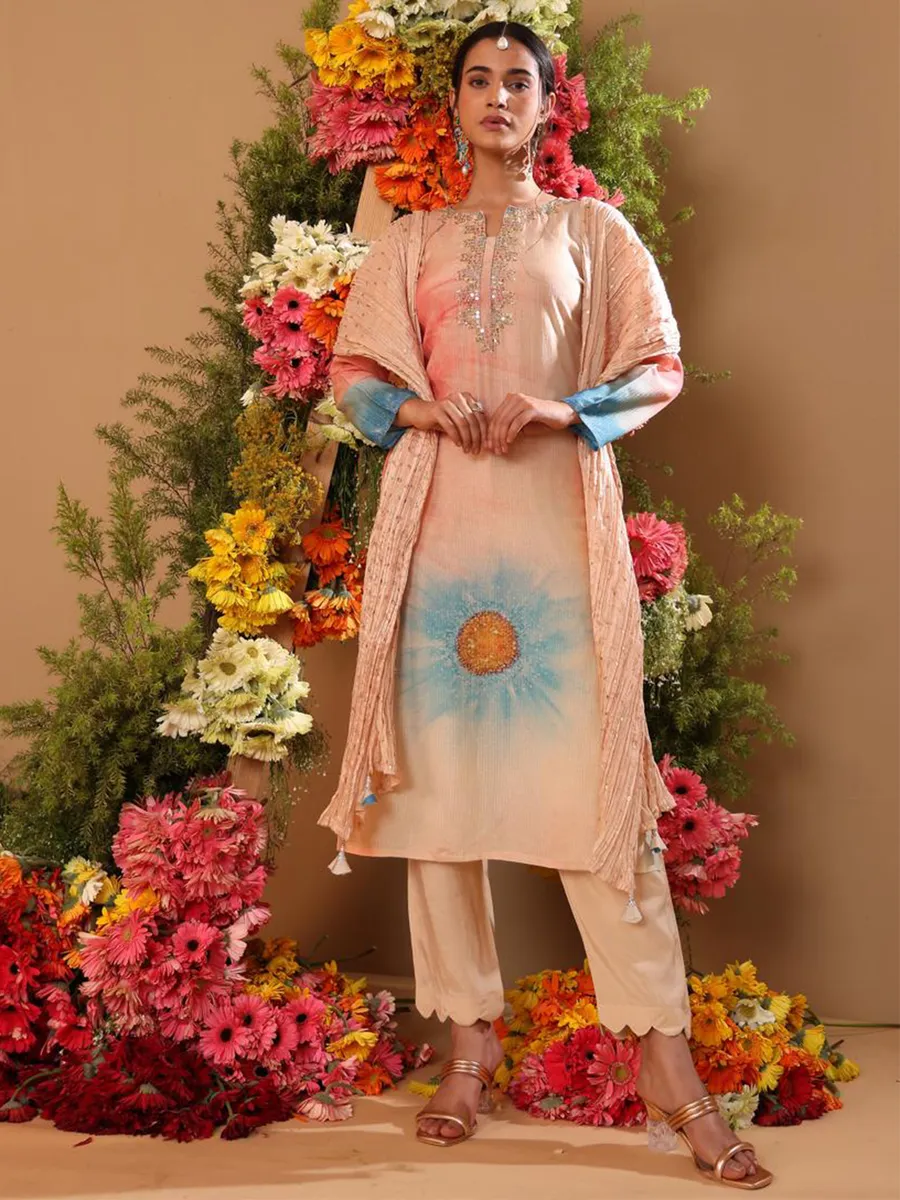 Printed Peach Muslin Festive Style Salwar Suit main image 1