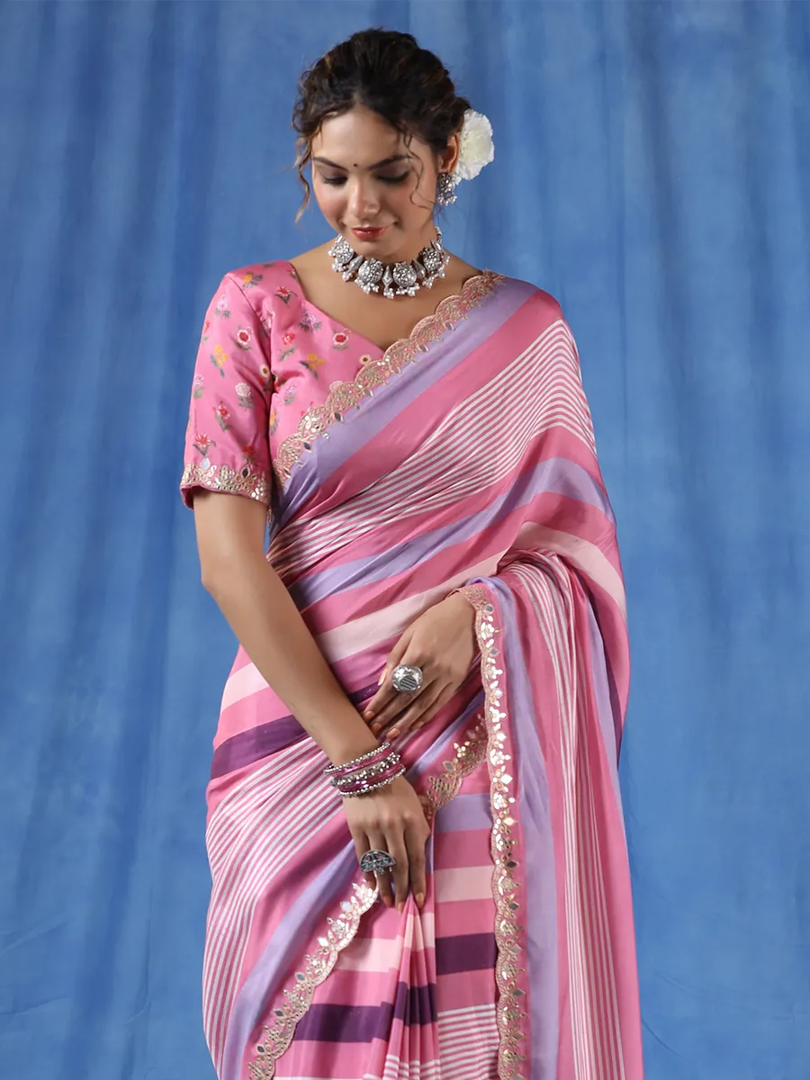 Beautiful Onion pink muslin stripe saree