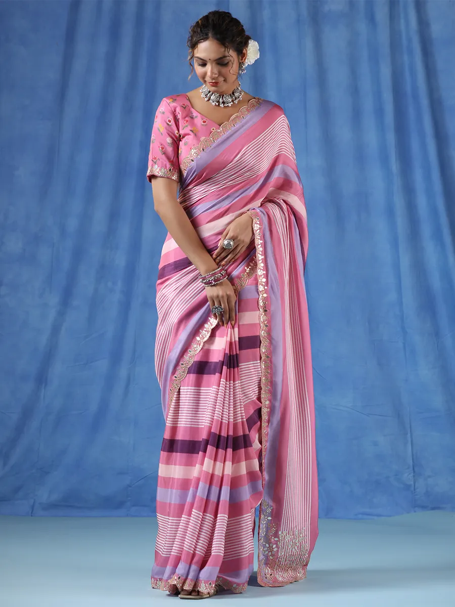 Beautiful Onion pink muslin stripe saree