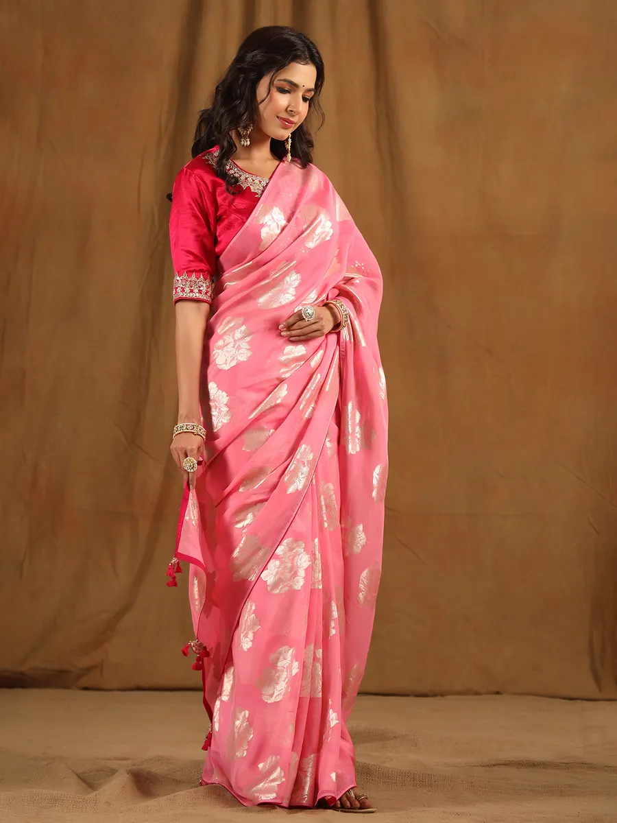 Beautiful pink organza saree for wedding