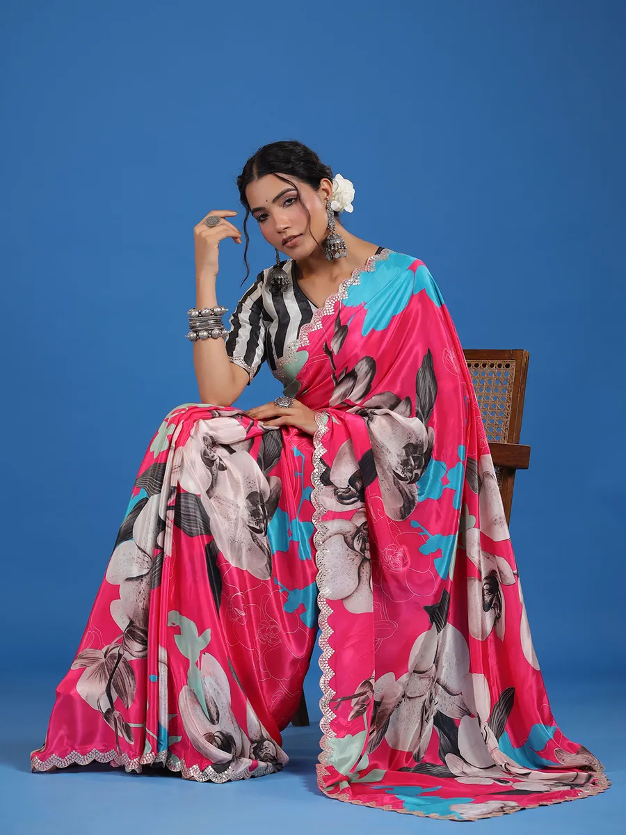 Beautiful pink printed muslin silk saree