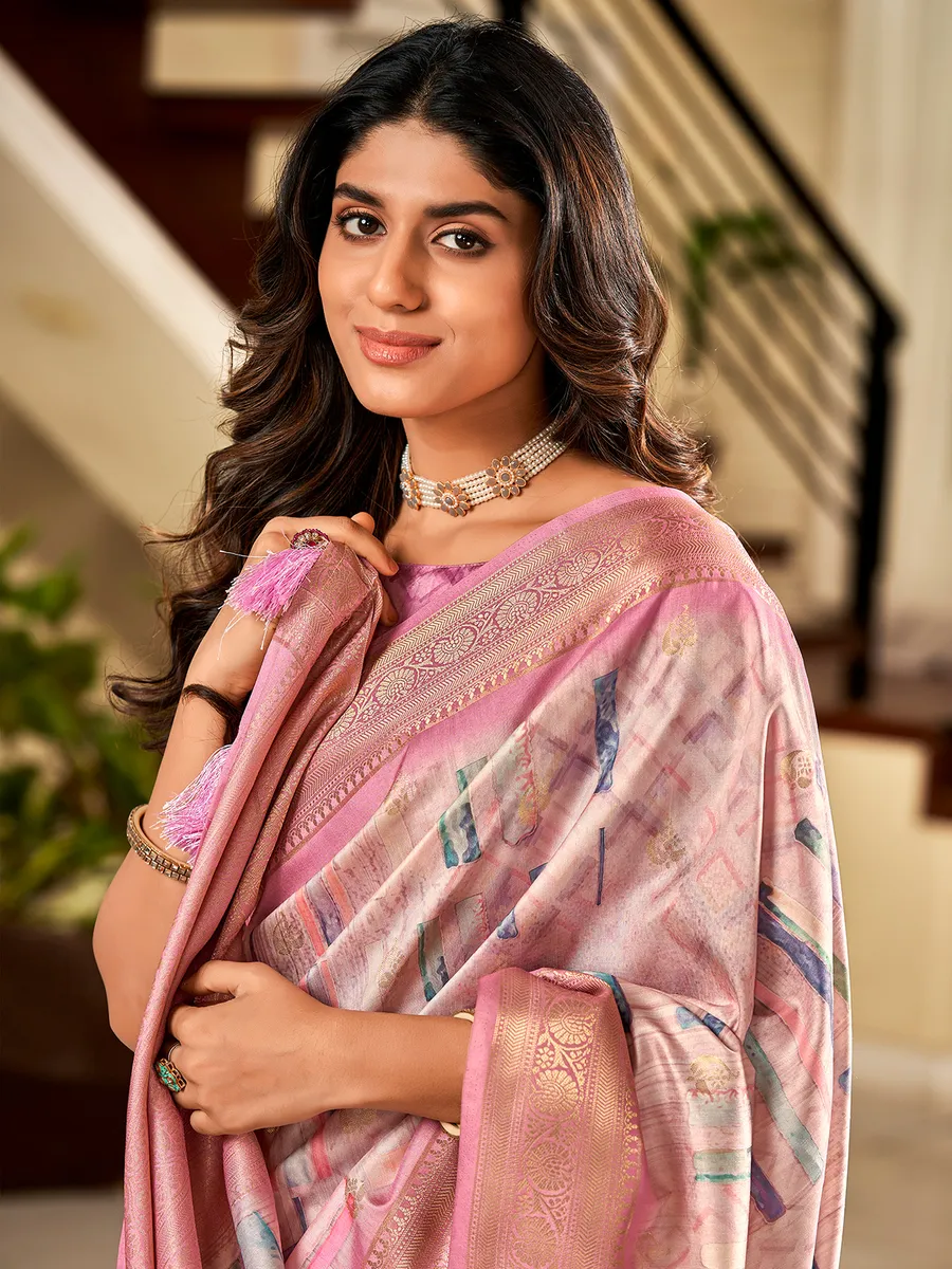 Beautiful pink soft silk printed saree