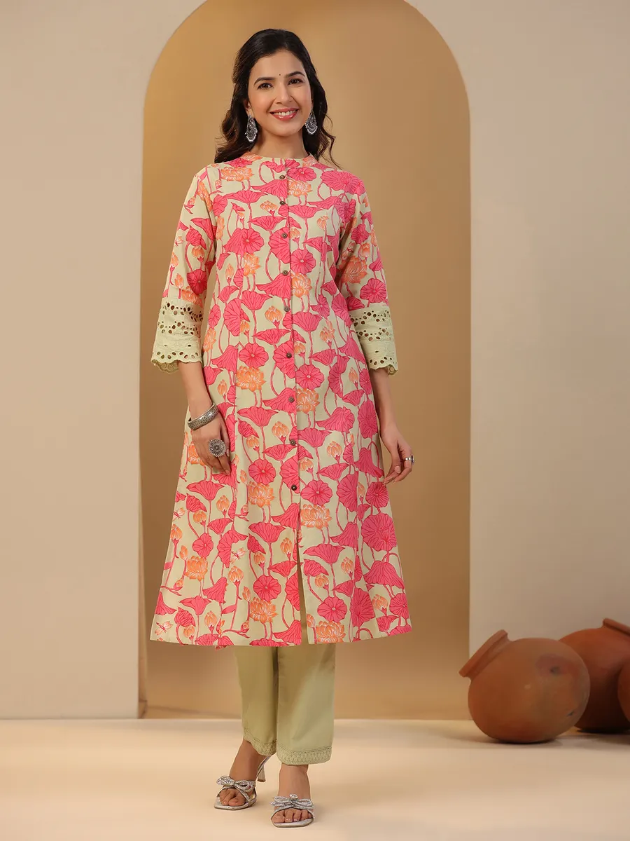 Beautiful Pista green floral printed kurti in cotton