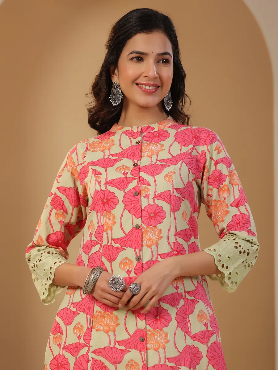 Beautiful Pista green floral printed kurti in cotton