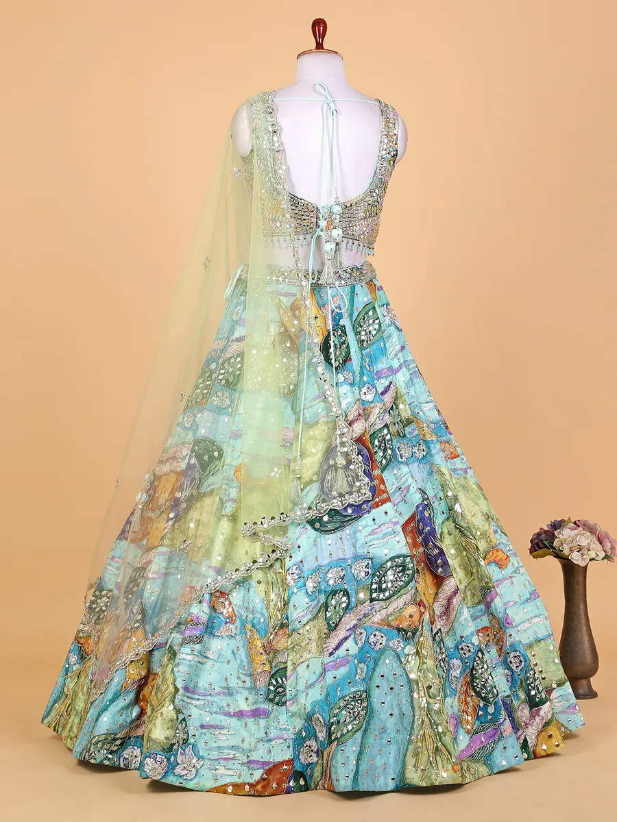 Beautiful printed sky blue silk lehenga choli