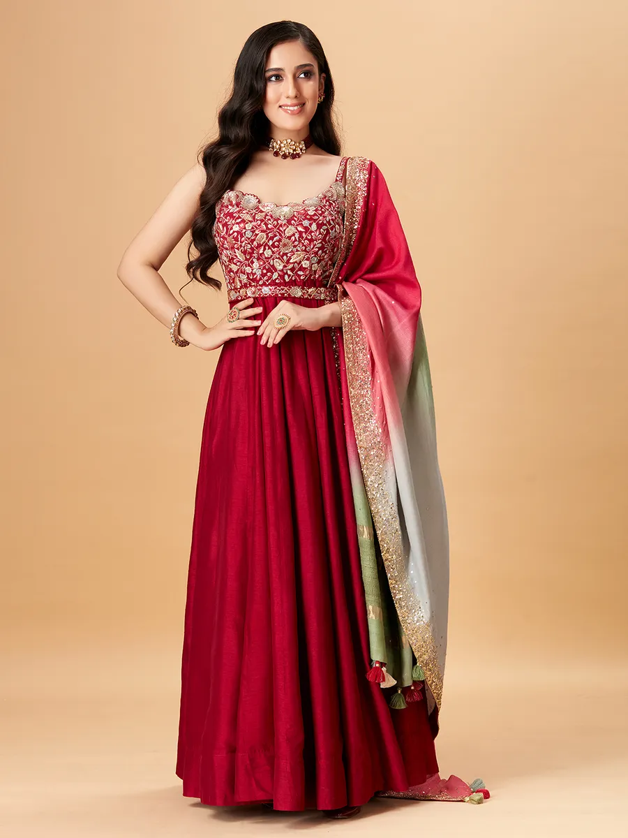 Beautiful red raw silk anarkali suit