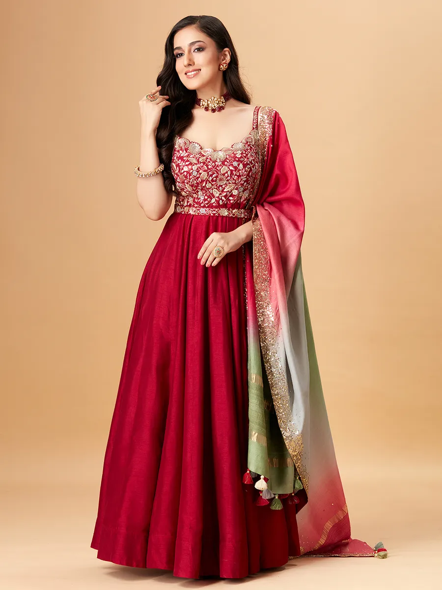 Beautiful red raw silk anarkali suit