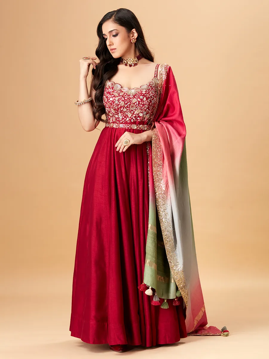 Beautiful red raw silk anarkali suit