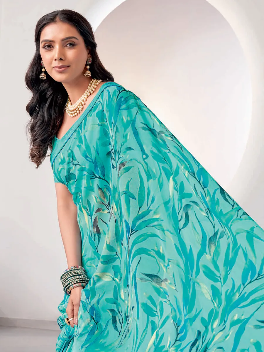 Beautiful sky blue printed georgette saree