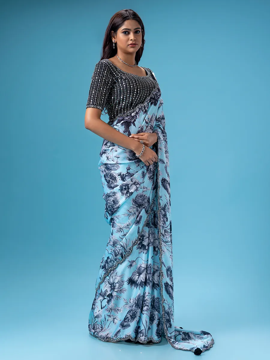 Beautiful sky blue printed saree
