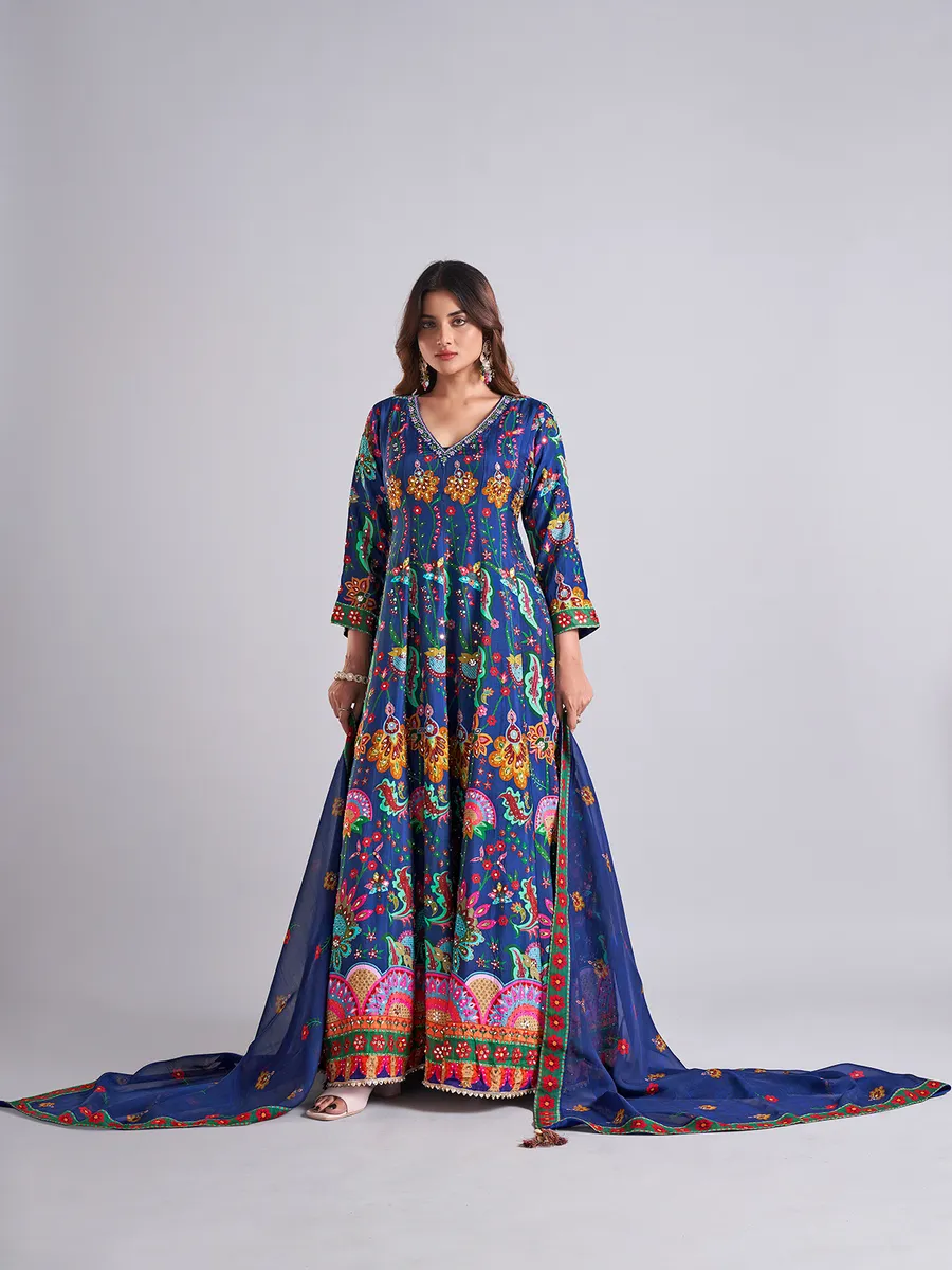 Beautiful teal blue cotton silk anarkali salwar suit