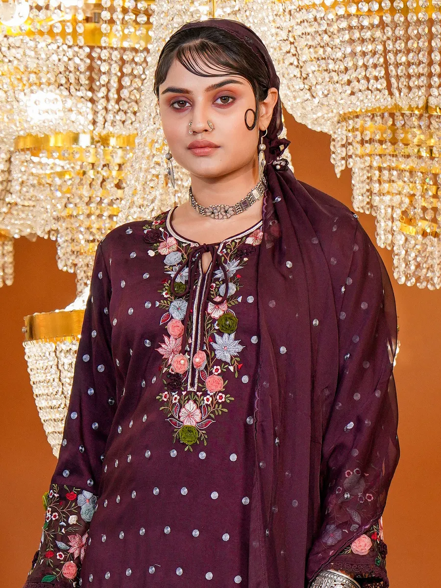 Beautiful wine silk sharara suit