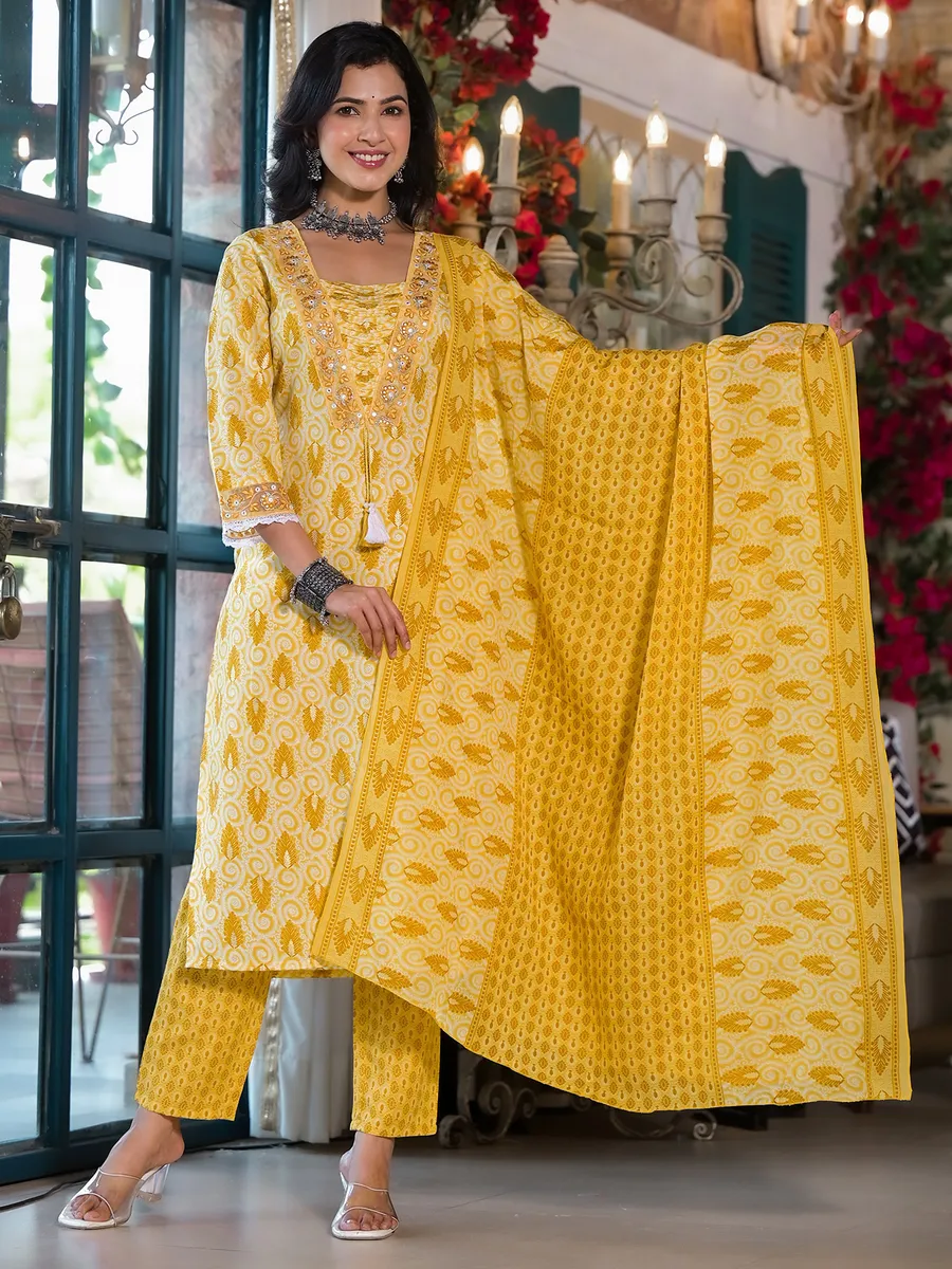 Beautiful yellow printed cotton kurti set