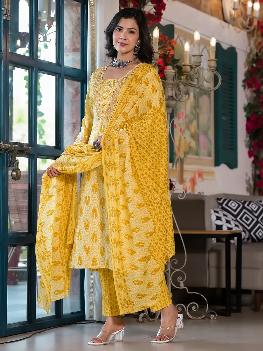 Beautiful yellow printed cotton kurti set