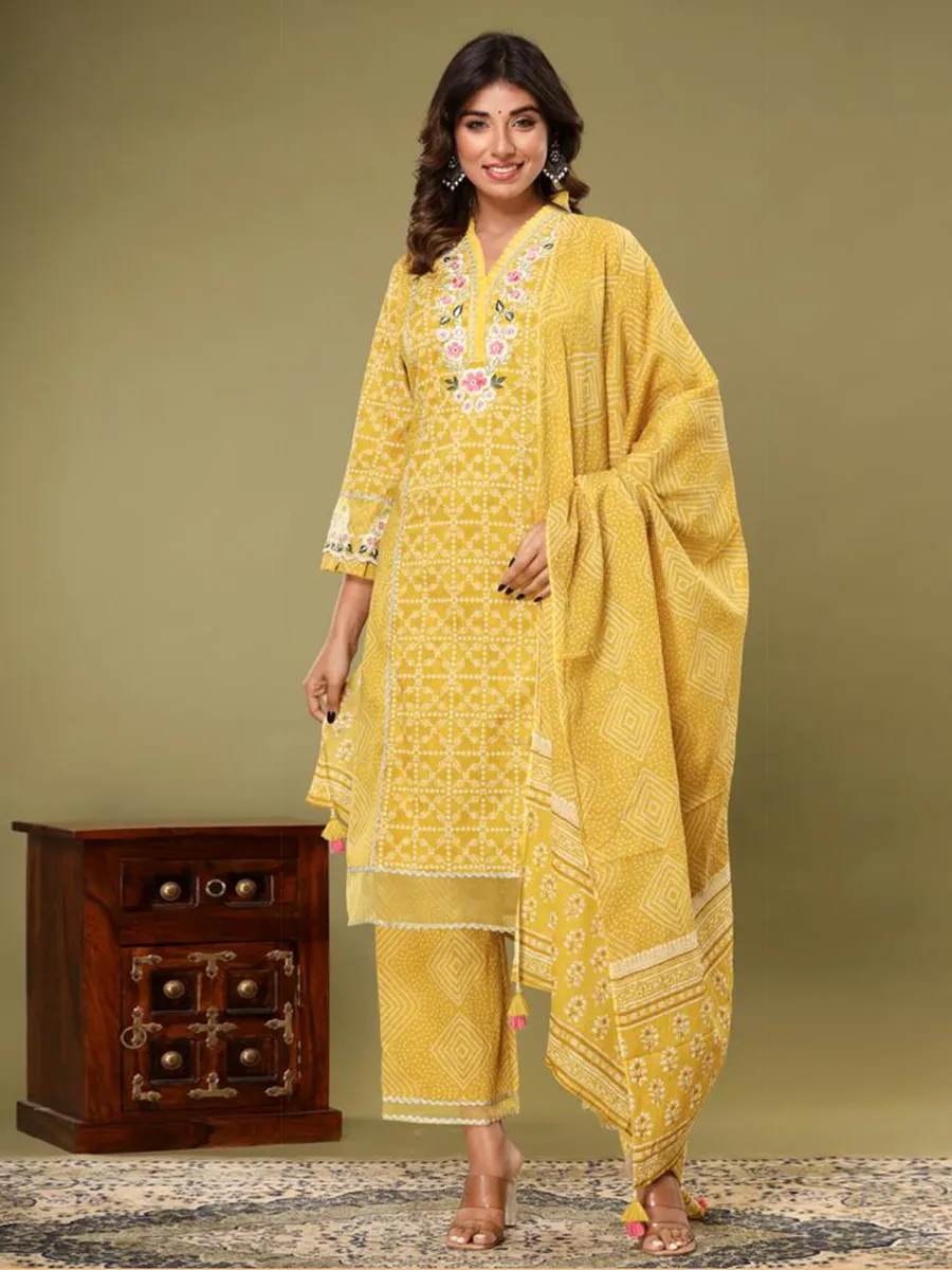 Beautiful yellow printed kurti set with dupatta