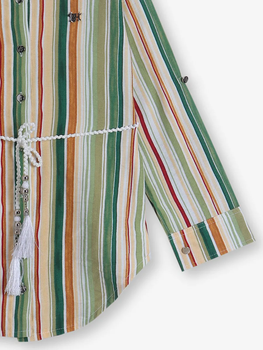BEE HONEY stripe green silk shirt