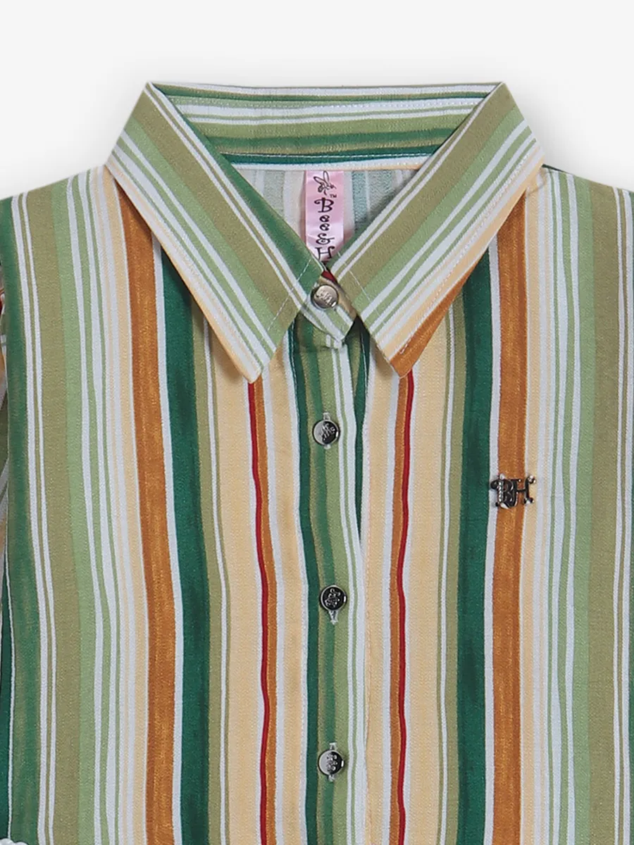 BEE HONEY stripe green silk shirt
