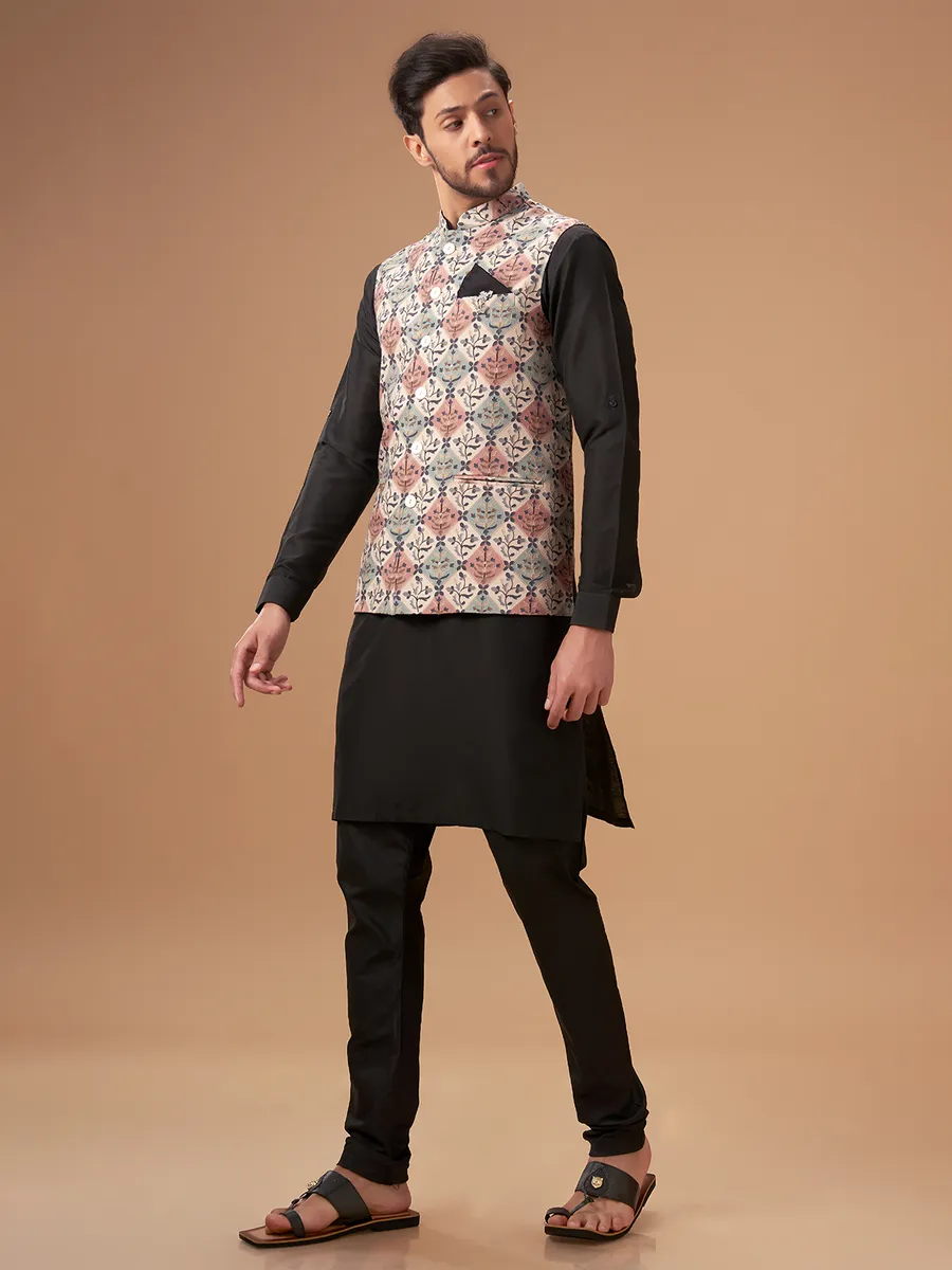 Beige and black printed waistcoat set