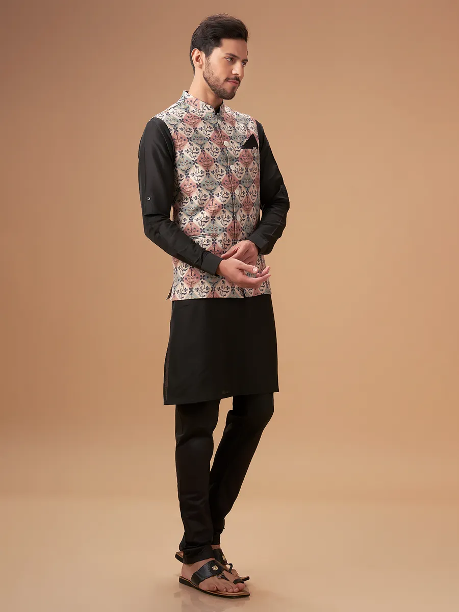 Beige and black printed waistcoat set