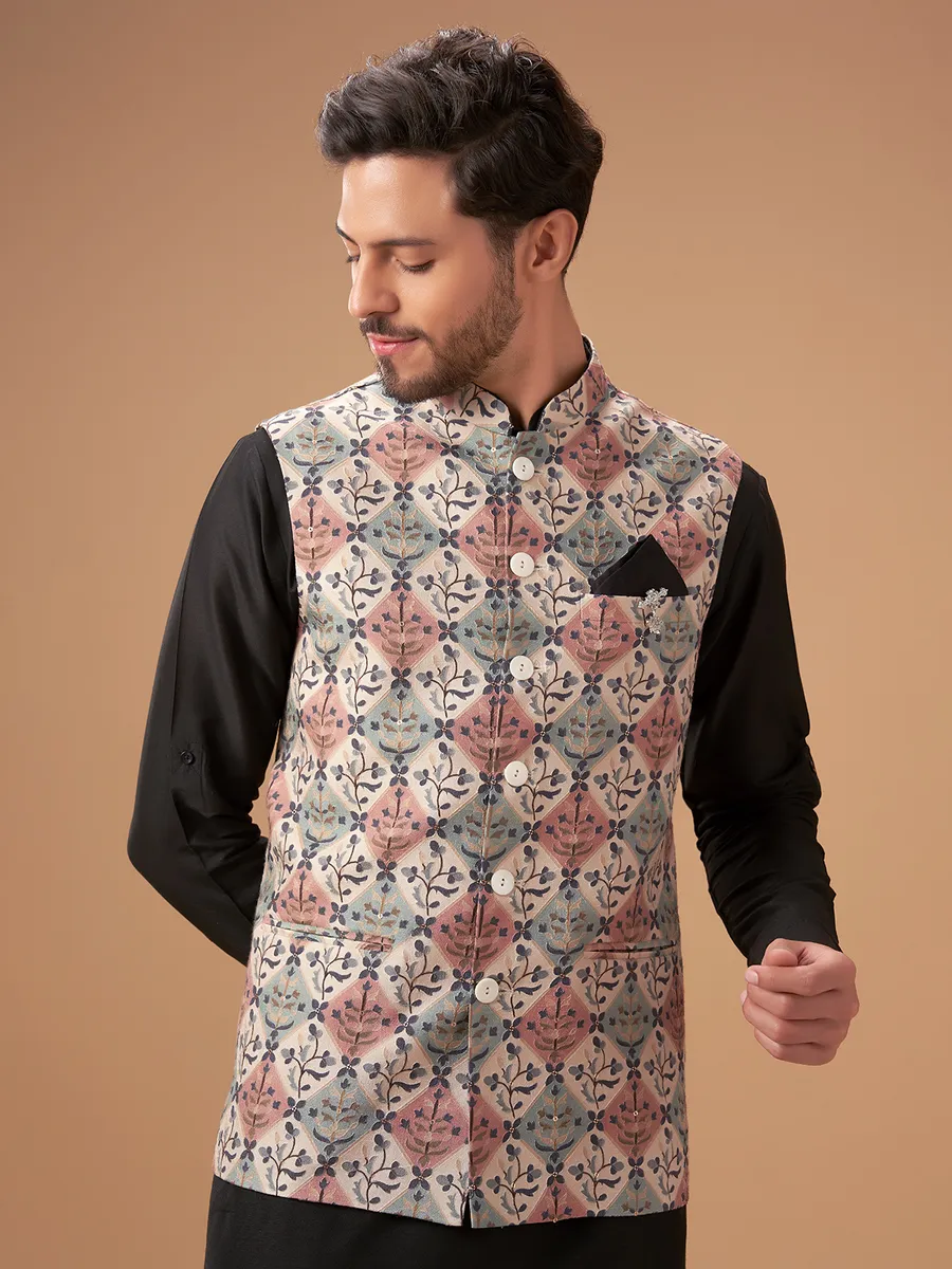 Beige and black printed waistcoat set