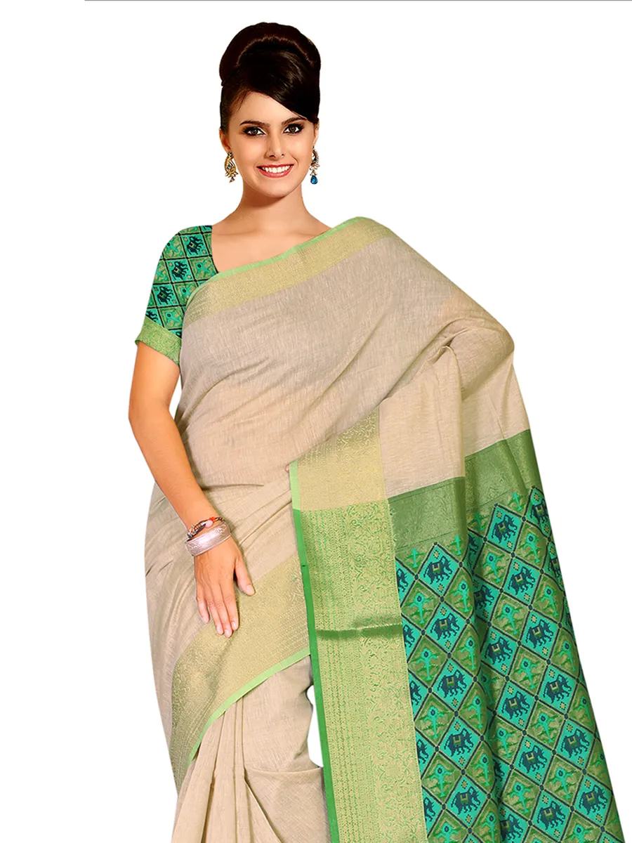 Beige Muslin Saree with Zari Border main image 1