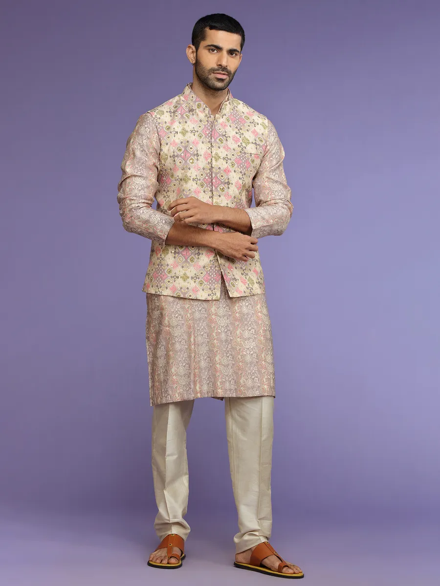 Beige and lilac purple silk waistcoat set