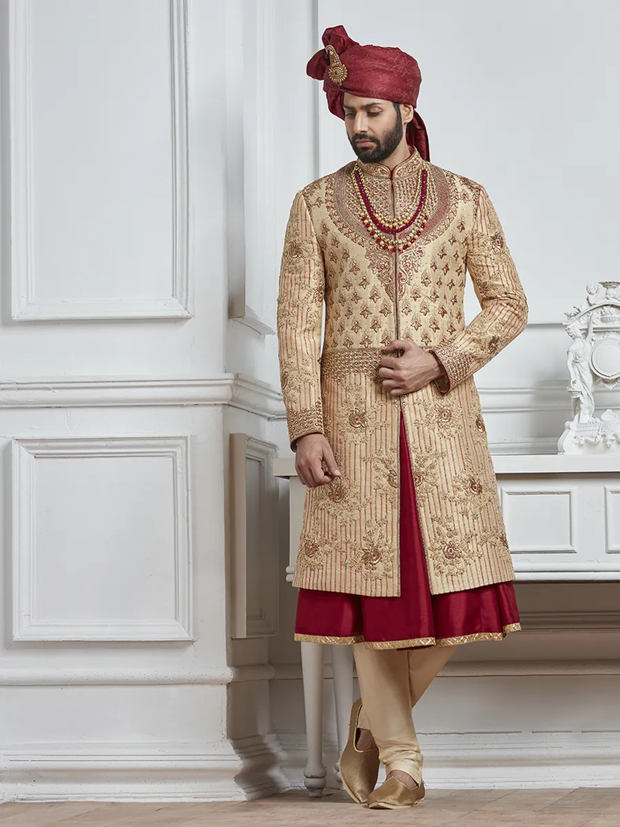 Beige and maroon color silk sherwani