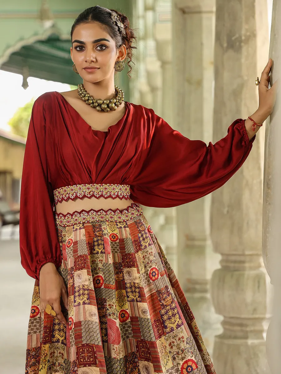 Beige and maroon printed silk lehenga choli