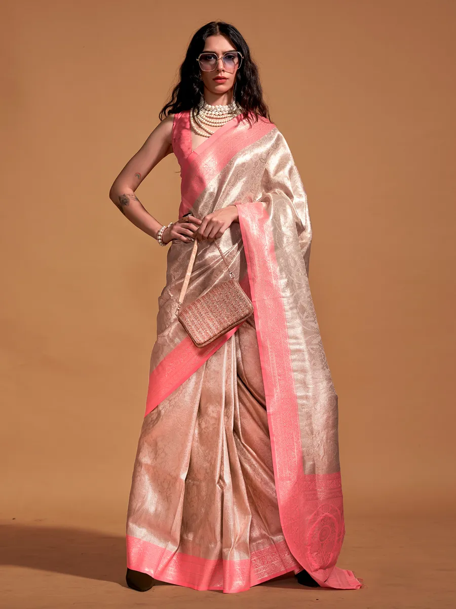 Beige and pink kanjivaram silk wedding saree